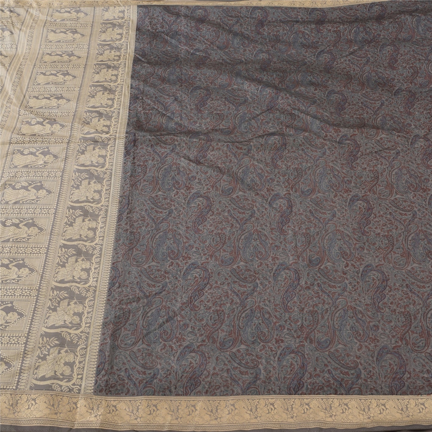 Sanskriti Vintage Indian Gray Sarees Pure Silk Woven Printed Sari Craft Sustainable Fabric