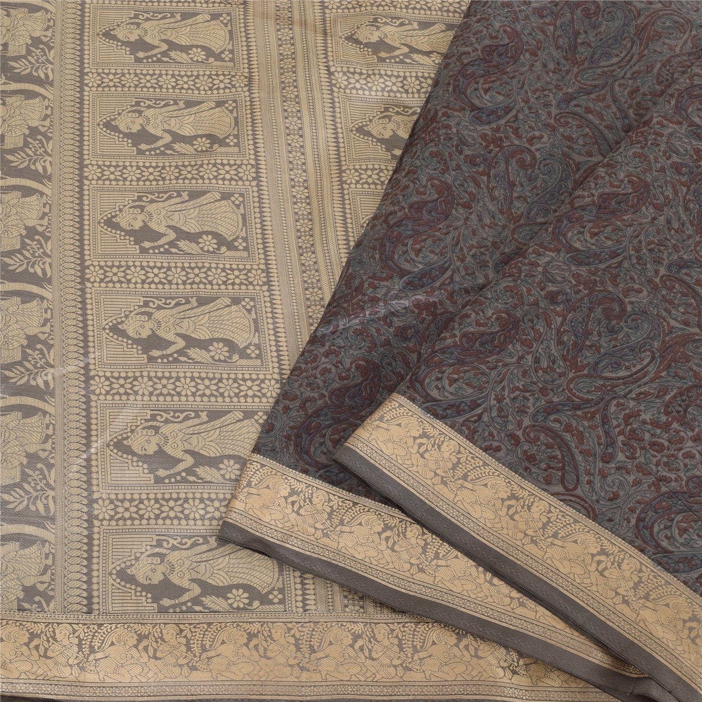 Sanskriti Vintage Indian Gray Sarees Pure Silk Woven Printed Sari Craft Sustainable Fabric