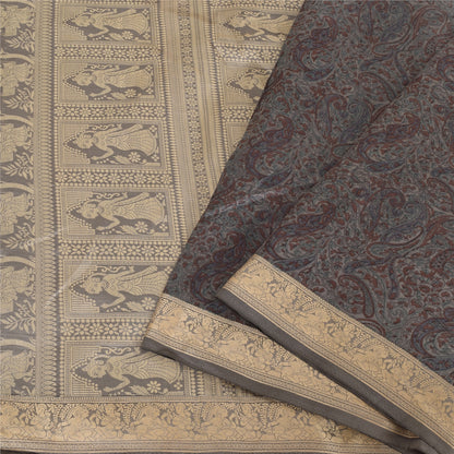 Sanskriti Vintage Indian Gray Sarees Pure Silk Woven Printed Sari Craft Sustainable Fabric