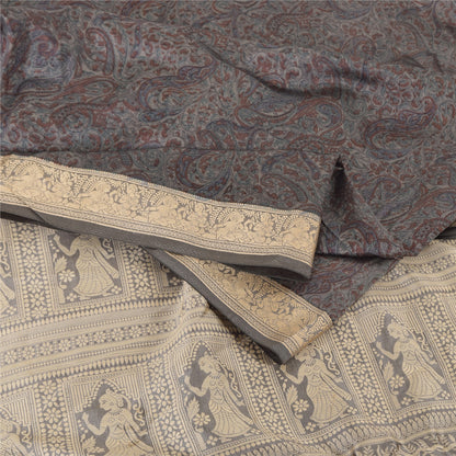 Sanskriti Vintage Indian Gray Sarees Pure Silk Woven Printed Sari Craft Sustainable Fabric