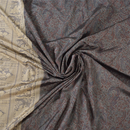 Sanskriti Vintage Indian Gray Sarees Pure Silk Woven Printed Sari Craft Sustainable Fabric