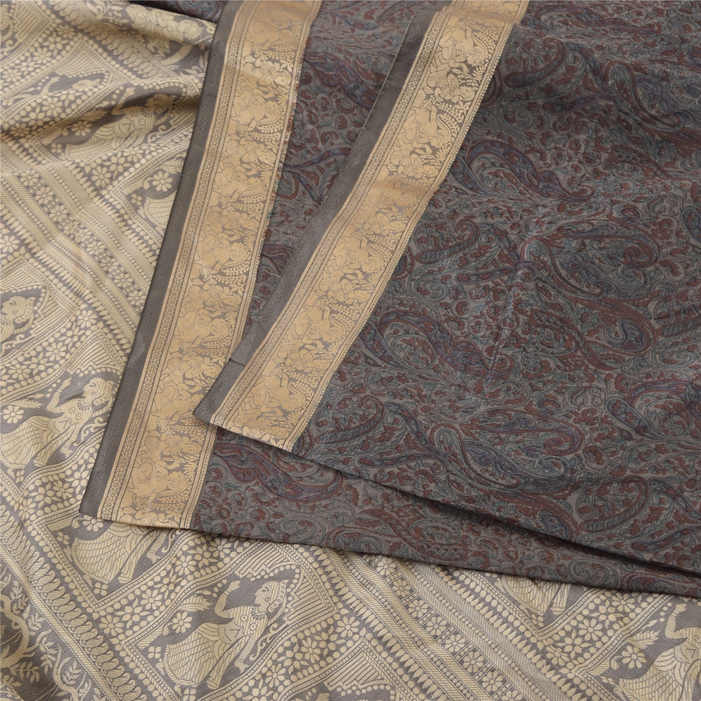 Sanskriti Vintage Indian Gray Sarees Pure Silk Woven Printed Sari Craft Sustainable Fabric