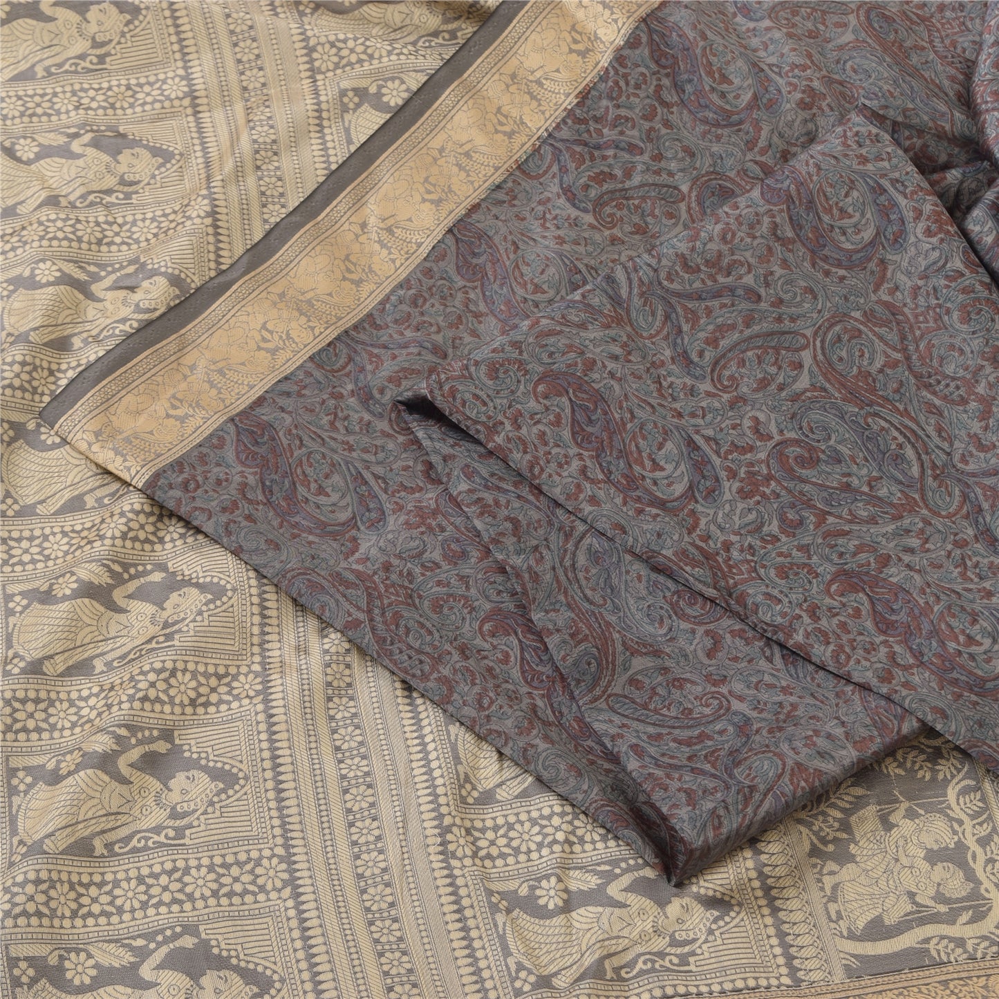 Sanskriti Vintage Indian Gray Sarees Pure Silk Woven Printed Sari Craft Sustainable Fabric