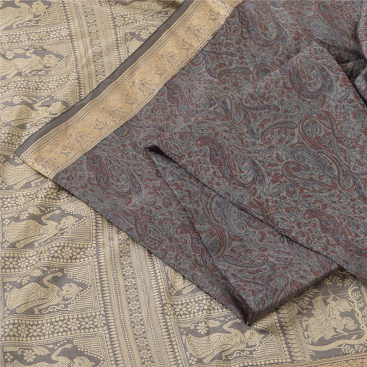 Sanskriti Vintage Indian Gray Sarees Pure Silk Woven Printed Sari Craft Sustainable Fabric