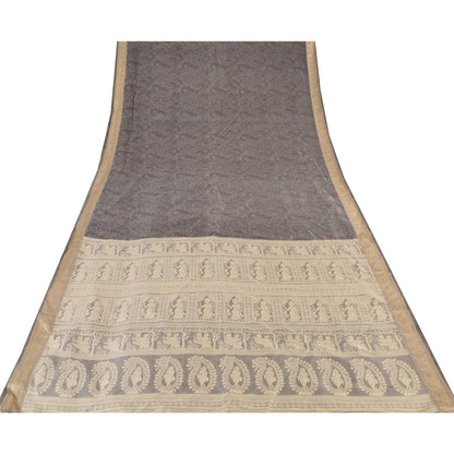 Sanskriti Vintage Indian Gray Sarees Pure Silk Woven Printed Sari Craft Sustainable Fabric