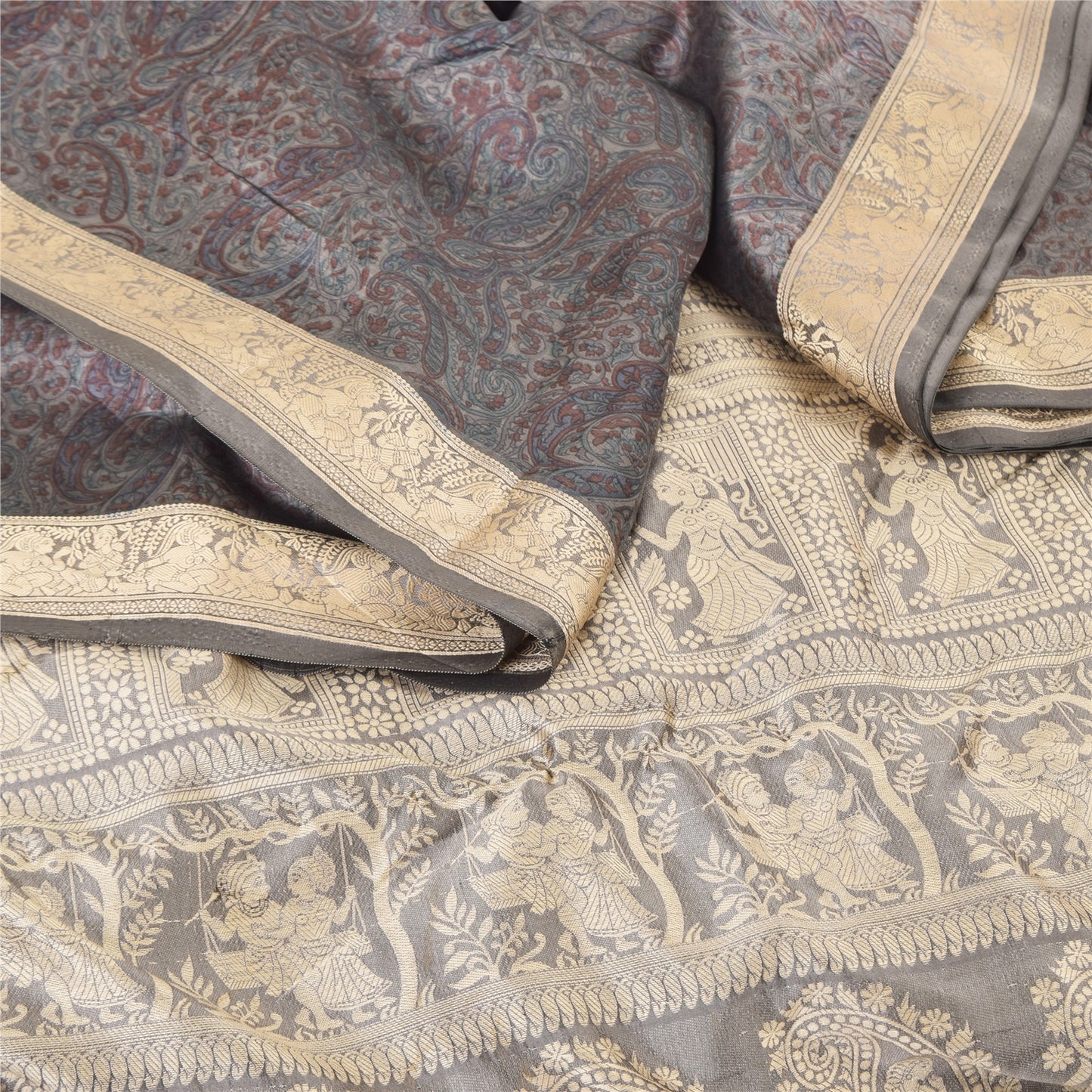 Sanskriti Vintage Indian Gray Sarees Pure Silk Woven Printed Sari Craft Sustainable Fabric