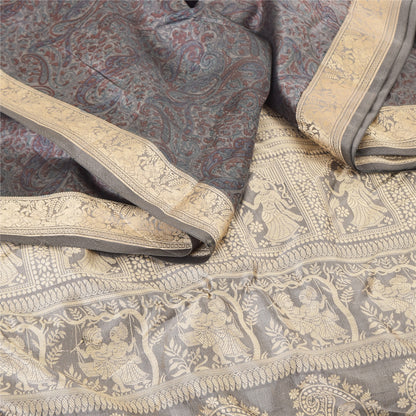 Sanskriti Vintage Indian Gray Sarees Pure Silk Woven Printed Sari Craft Sustainable Fabric