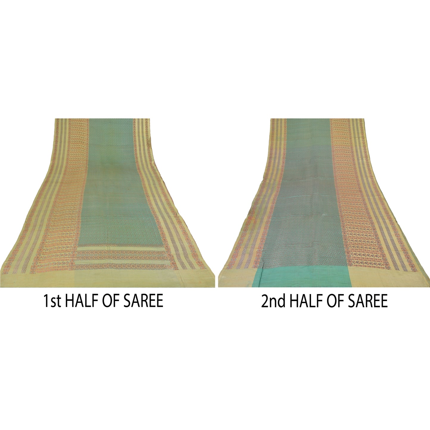 Sanskriti Vintage Green/Yellow Sarees Pure Silk Woven Premium Sari Craft Sustainable Fabric