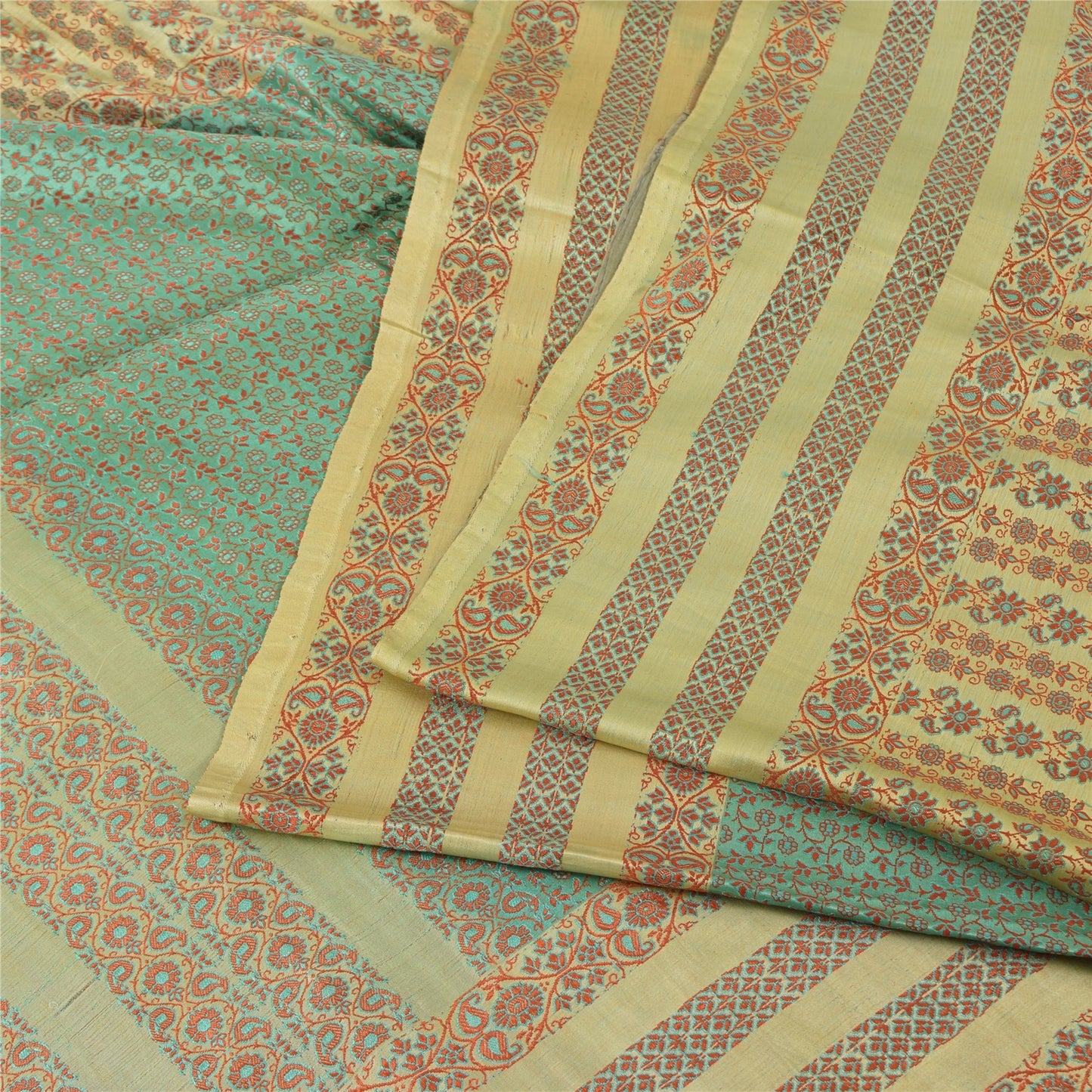 Sanskriti Vintage Green/Yellow Sarees Pure Silk Woven Premium Sari Craft Sustainable Fabric