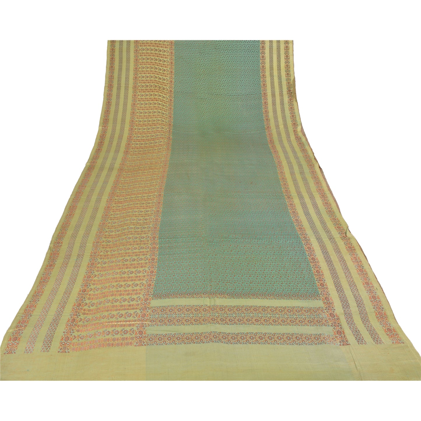 Sanskriti Vintage Green/Yellow Sarees Pure Silk Woven Premium Sari Craft Sustainable Fabric
