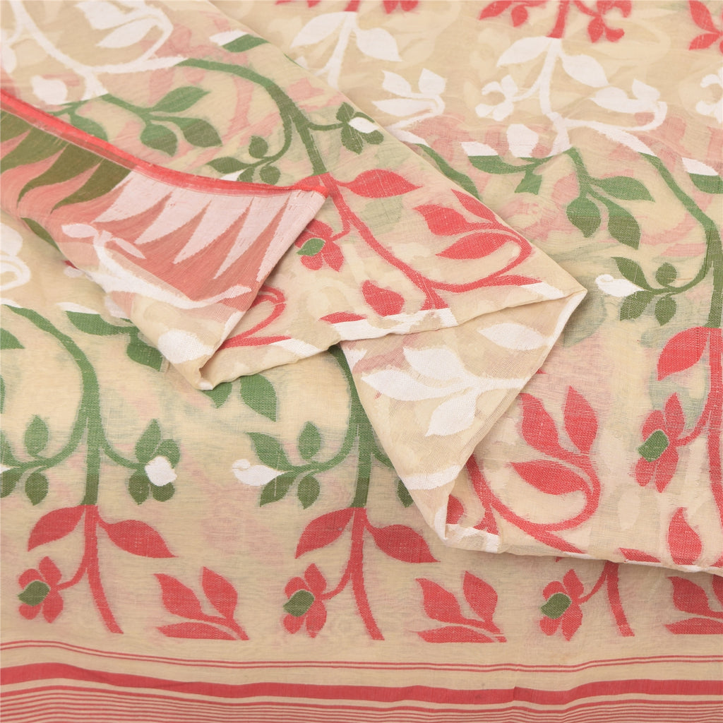 Sanskriti Vintage Indian Ivory Sarees Blend Cotton Woven Premium Sari 5yd Sustainable Fabric