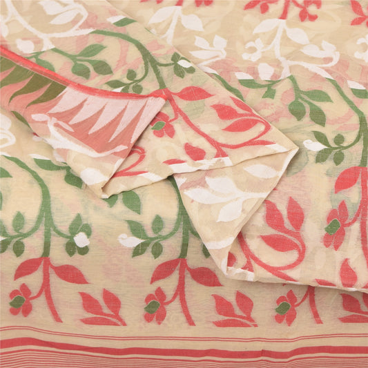 Sanskriti Vintage Indian Ivory Sarees Blend Cotton Woven Premium Sari 5yd Sustainable Fabric