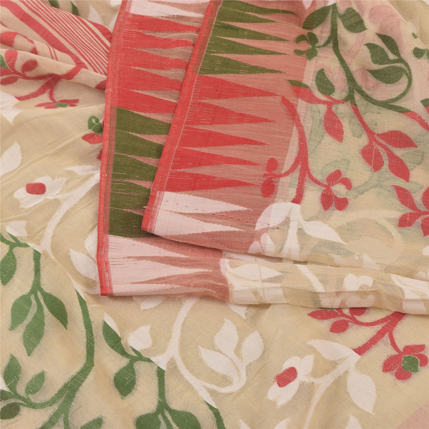 Sanskriti Vintage Indian Ivory Sarees Blend Cotton Woven Premium Sari 5yd Sustainable Fabric