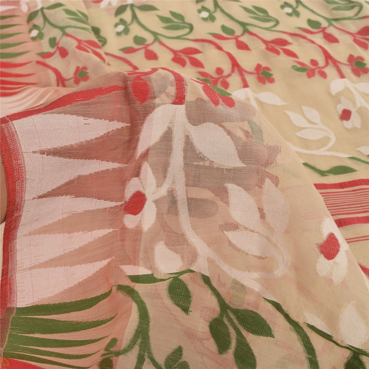 Sanskriti Vintage Indian Ivory Sarees Blend Cotton Woven Premium Sari 5yd Sustainable Fabric