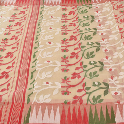 Sanskriti Vintage Indian Ivory Sarees Blend Cotton Woven Premium Sari 5yd Sustainable Fabric