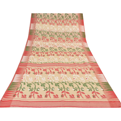 Sanskriti Vintage Indian Ivory Sarees Blend Cotton Woven Premium Sari 5yd Sustainable Fabric