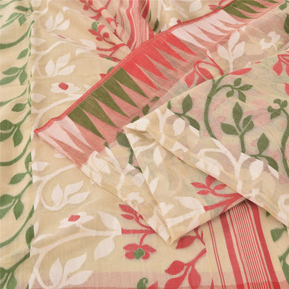 Sanskriti Vintage Indian Ivory Sarees Blend Cotton Woven Premium Sari 5yd Sustainable Fabric