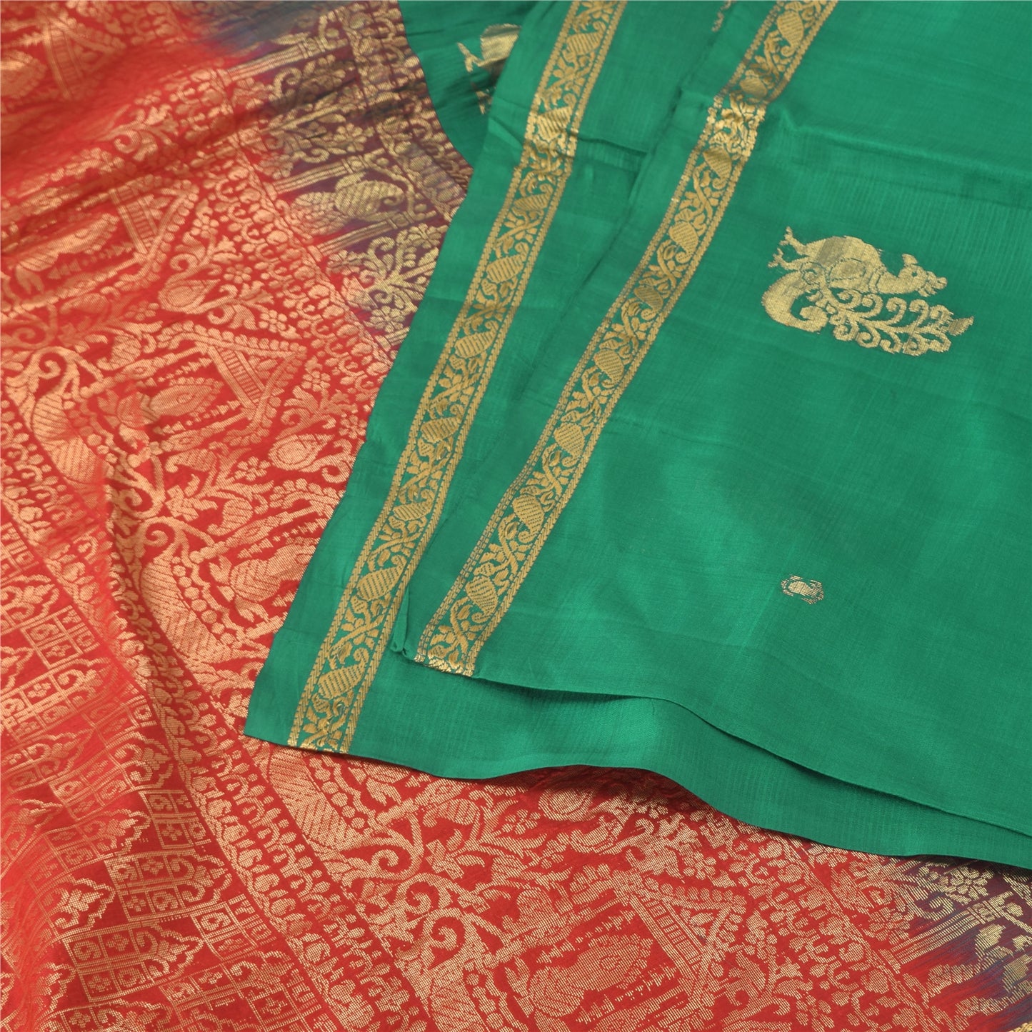 Sanskriti Vintage Red/Green Sarees Pure Silk Woven Premium Sari 5yd Craft Sustainable Fabric