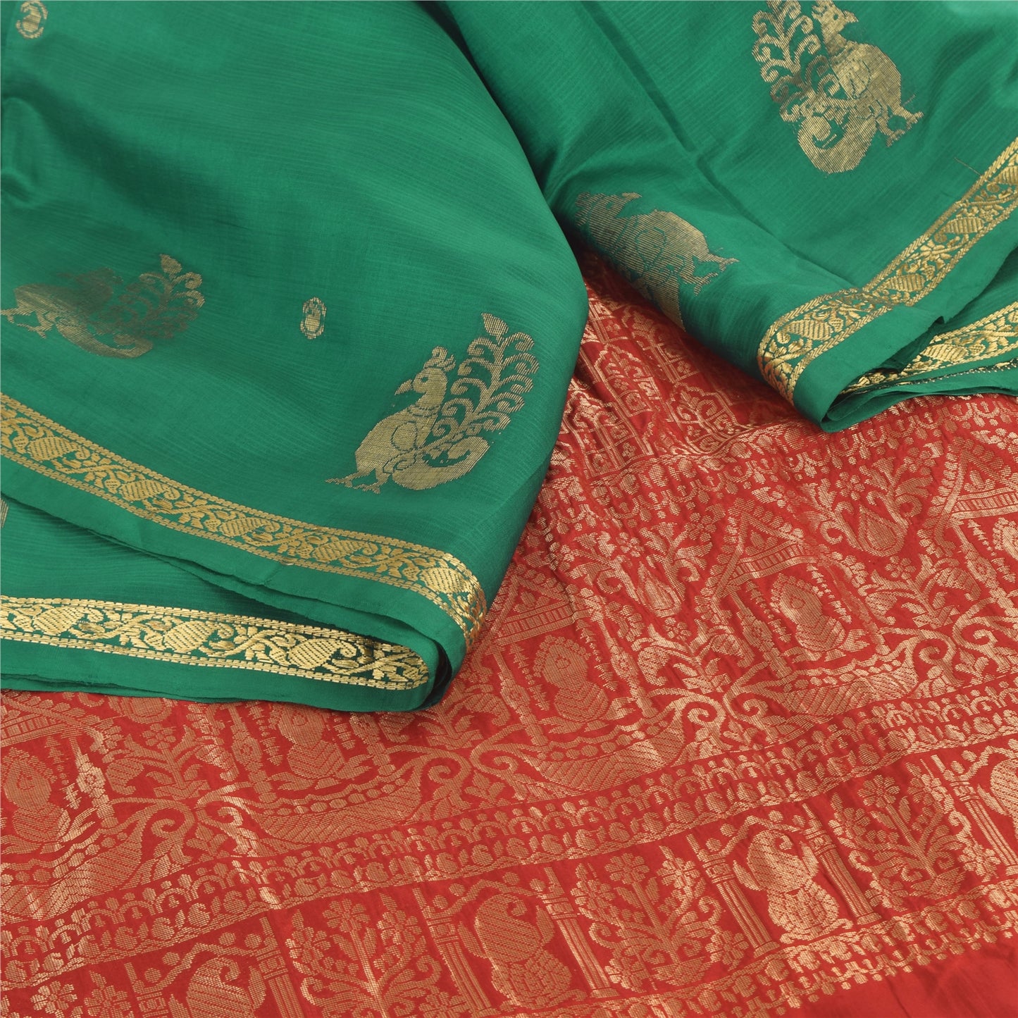 Sanskriti Vintage Red/Green Sarees Pure Silk Woven Premium Sari 5yd Craft Sustainable Fabric
