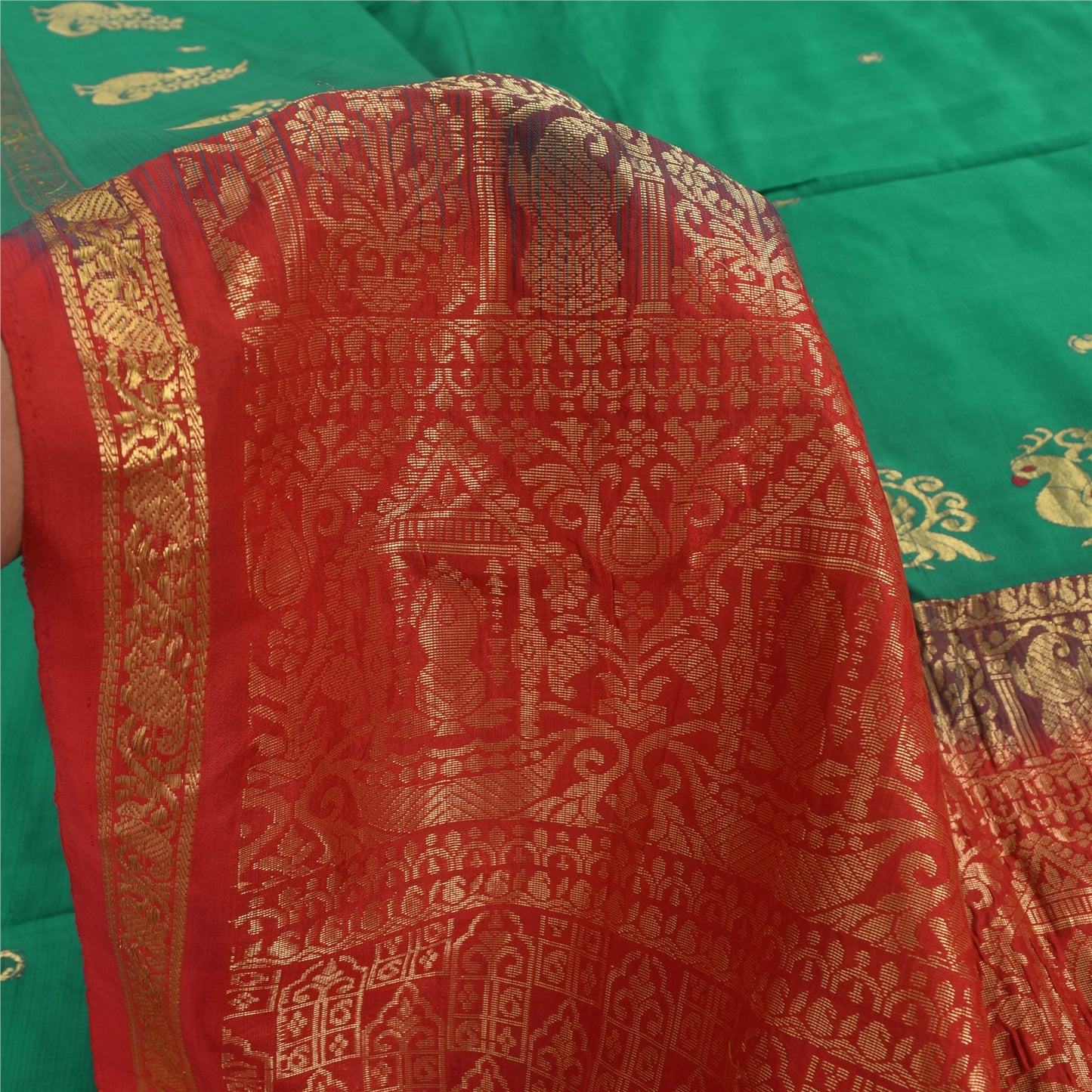 Sanskriti Vintage Red/Green Sarees Pure Silk Woven Premium Sari 5yd Craft Sustainable Fabric