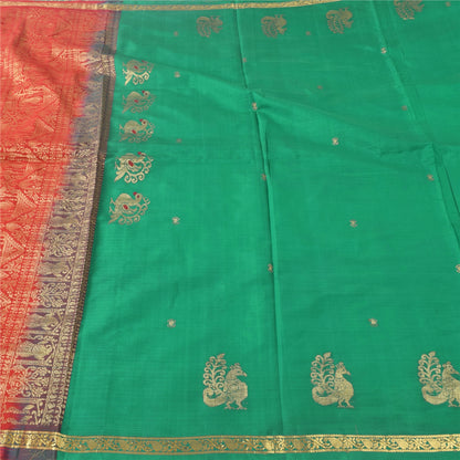 Sanskriti Vintage Red/Green Sarees Pure Silk Woven Premium Sari 5yd Craft Sustainable Fabric