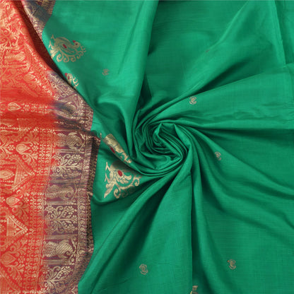 Sanskriti Vintage Red/Green Sarees Pure Silk Woven Premium Sari 5yd Craft Sustainable Fabric