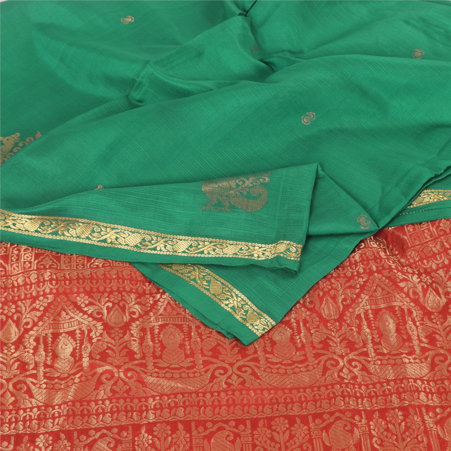 Sanskriti Vintage Red/Green Sarees Pure Silk Woven Premium Sari 5yd Craft Sustainable Fabric