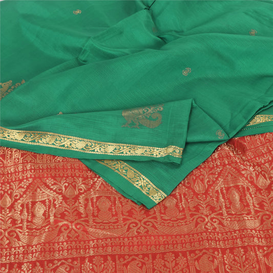 Sanskriti Vintage Red/Green Sarees Pure Silk Woven Premium Sari 5yd Craft Sustainable Fabric
