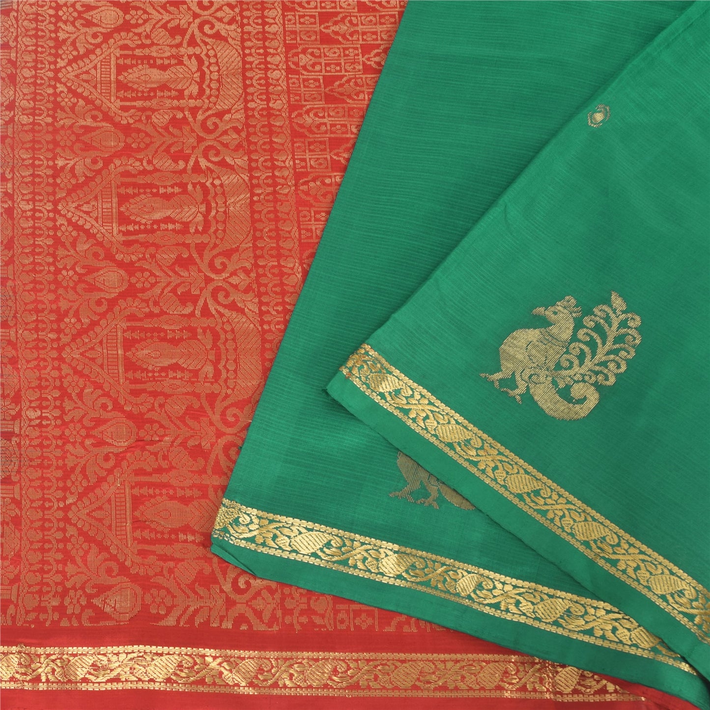 Sanskriti Vintage Red/Green Sarees Pure Silk Woven Premium Sari 5yd Craft Sustainable Fabric