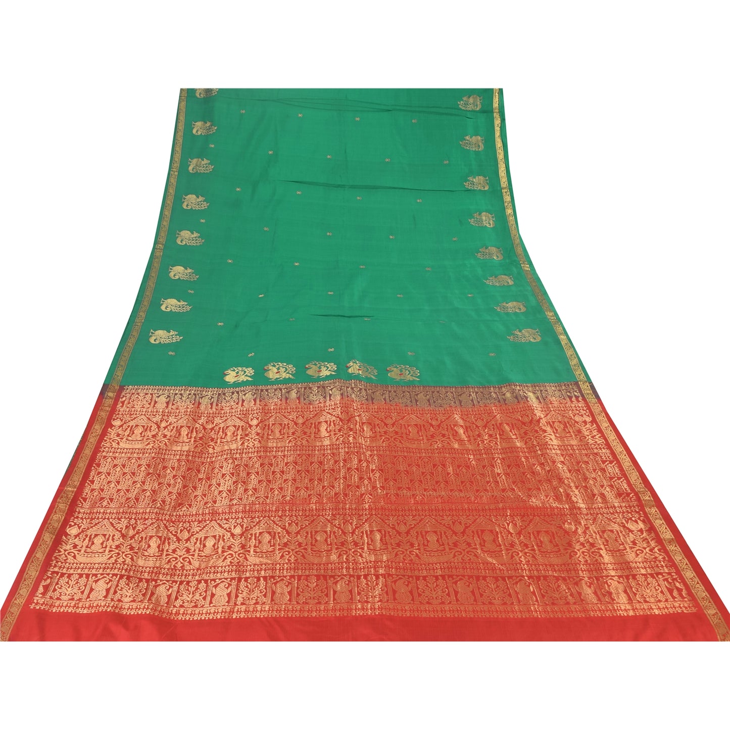 Sanskriti Vintage Red/Green Sarees Pure Silk Woven Premium Sari 5yd Craft Sustainable Fabric