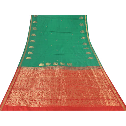 Sanskriti Vintage Red/Green Sarees Pure Silk Woven Premium Sari 5yd Craft Sustainable Fabric