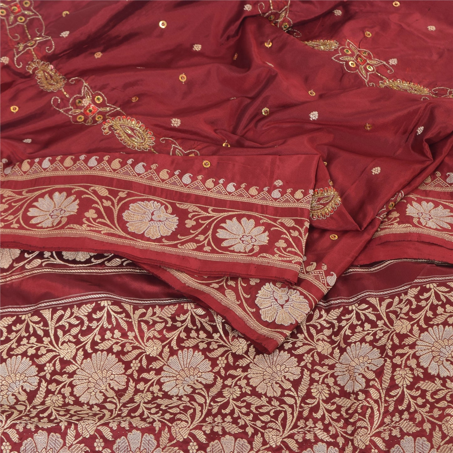Sanskriti Vintage Red Sarees Pure Silk Hand Woven Premium Sari 5yd Craft Sustainable Fabric