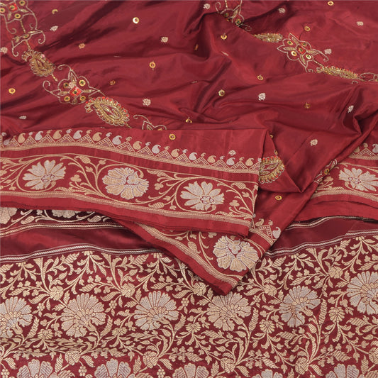 Sanskriti Vintage Red Sarees Pure Silk Hand Woven Premium Sari 5yd Craft Sustainable Fabric