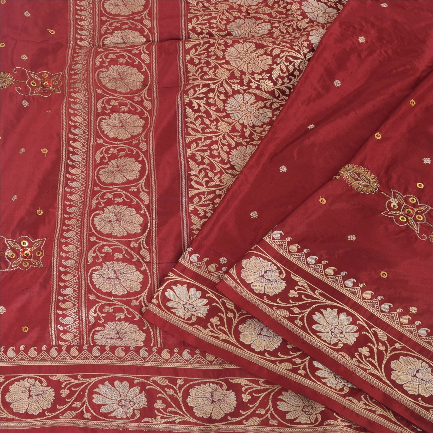 Sanskriti Vintage Red Sarees Pure Silk Hand Woven Premium Sari 5yd Craft Sustainable Fabric