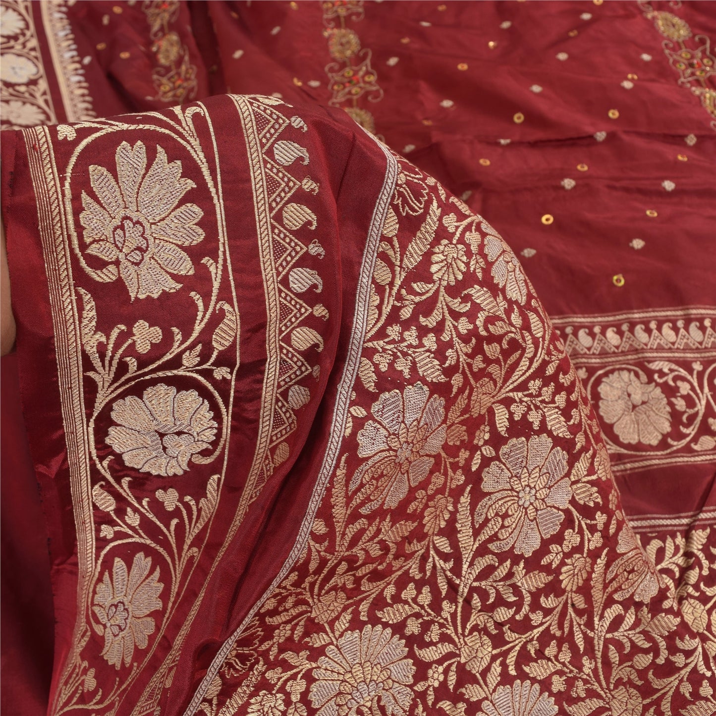 Sanskriti Vintage Red Sarees Pure Silk Hand Woven Premium Sari 5yd Craft Sustainable Fabric