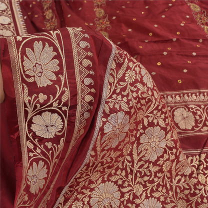 Sanskriti Vintage Red Sarees Pure Silk Hand Woven Premium Sari 5yd Craft Sustainable Fabric