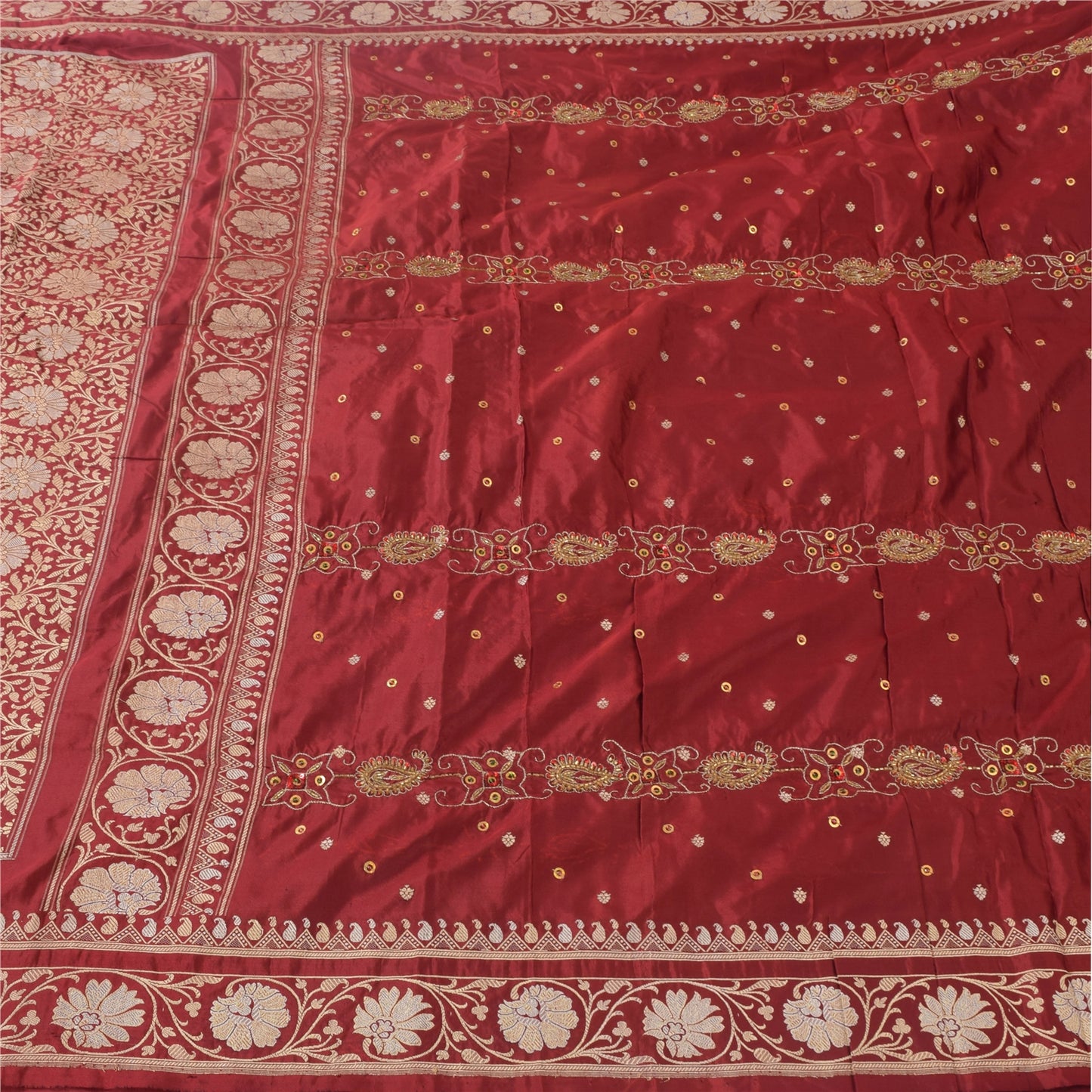 Sanskriti Vintage Red Sarees Pure Silk Hand Woven Premium Sari 5yd Craft Sustainable Fabric