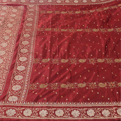 Sanskriti Vintage Red Sarees Pure Silk Hand Woven Premium Sari 5yd Craft Sustainable Fabric