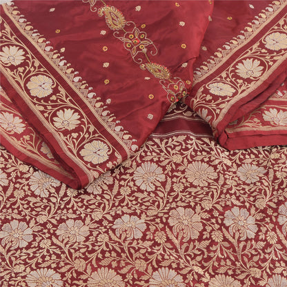 Sanskriti Vintage Red Sarees Pure Silk Hand Woven Premium Sari 5yd Craft Sustainable Fabric