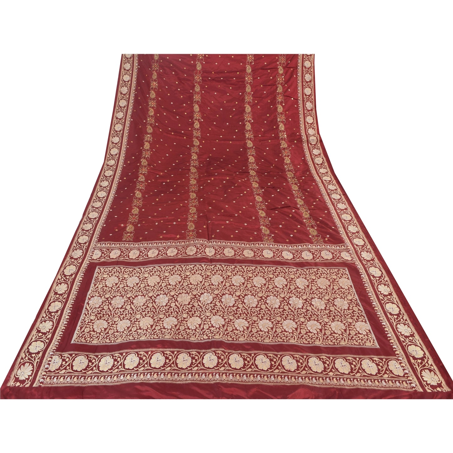 Sanskriti Vintage Red Sarees Pure Silk Hand Woven Premium Sari 5yd Craft Sustainable Fabric