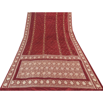 Sanskriti Vintage Red Sarees Pure Silk Hand Woven Premium Sari 5yd Craft Sustainable Fabric