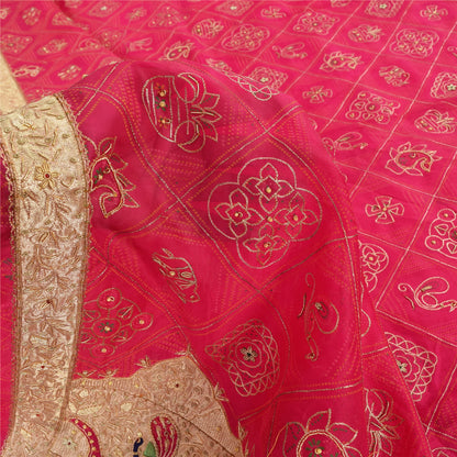 Sanskriti Vintage Saree Pink 100% Pure Silk Hand Bead Gharchola Bandhani 5.5+YD Fabric Cultural Sari Animal Pattern From Gujarat of India
