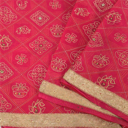 Sanskriti Vintage Saree Pink 100% Pure Silk Hand Bead Gharchola Bandhani 5.5+YD Fabric Cultural Sari Animal Pattern From Gujarat of India
