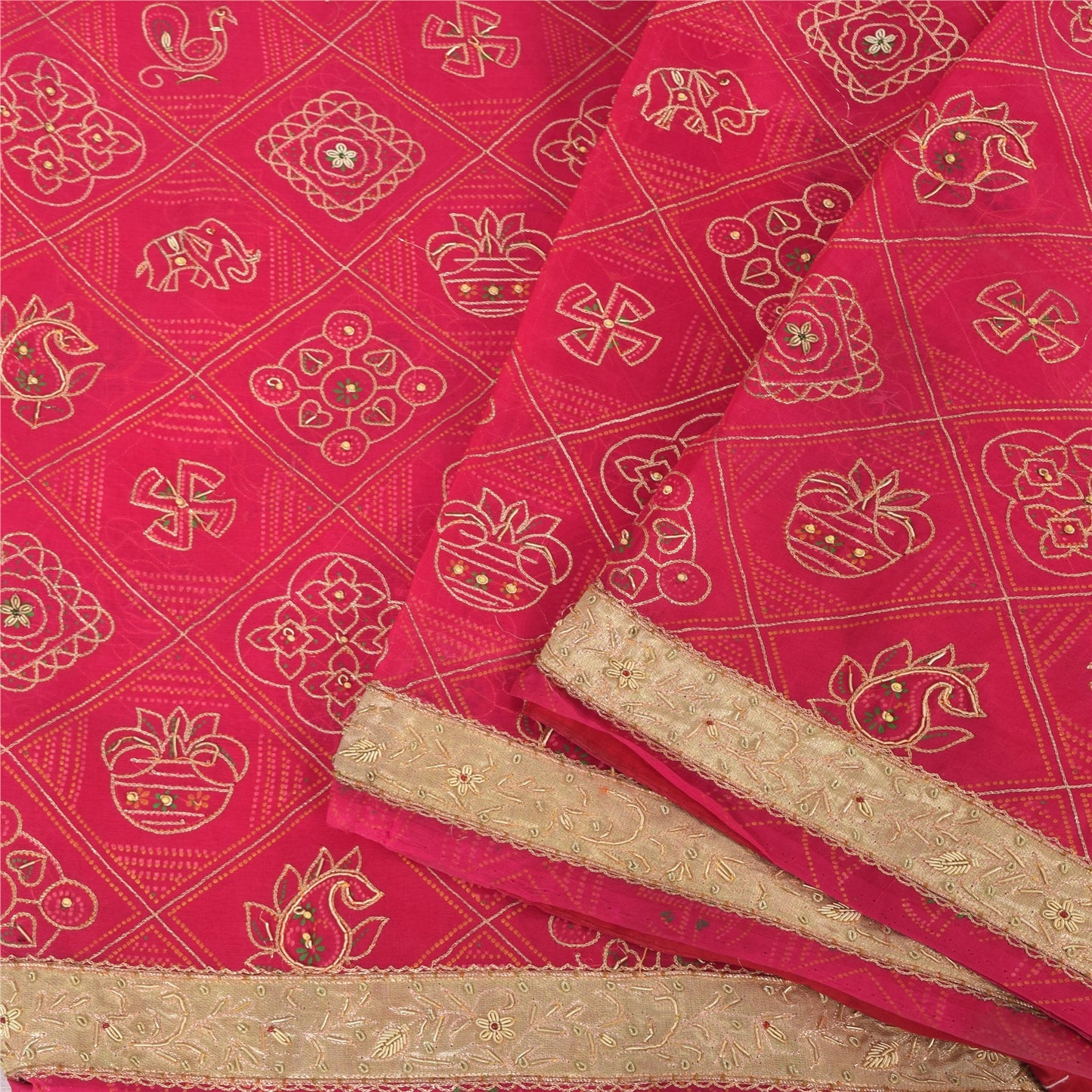 Sanskriti Vintage Pink Sarees Pure Silk Hand Bead Gharchola Bandhani Sari Fabric