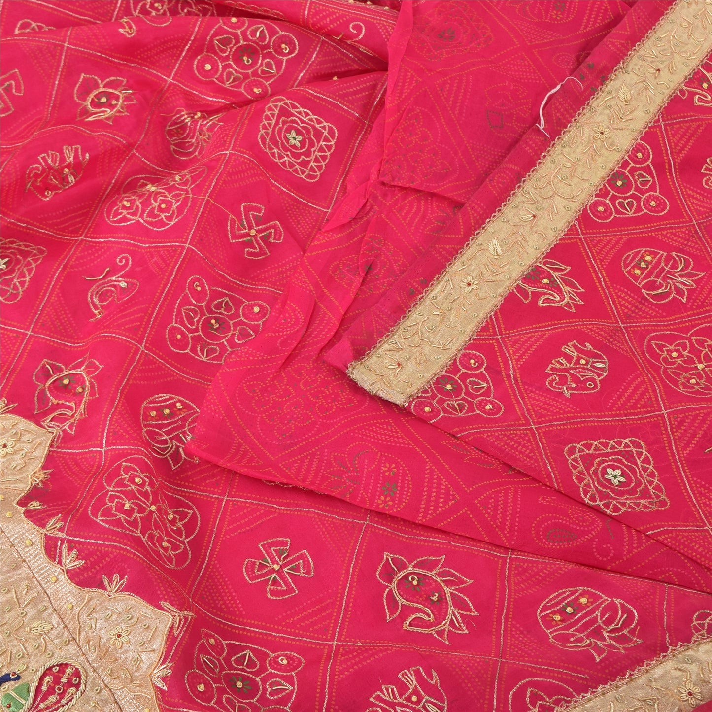 Sanskriti Vintage Saree Pink 100% Pure Silk Hand Bead Gharchola Bandhani 5.5+YD Fabric Cultural Sari Animal Pattern From Gujarat of India