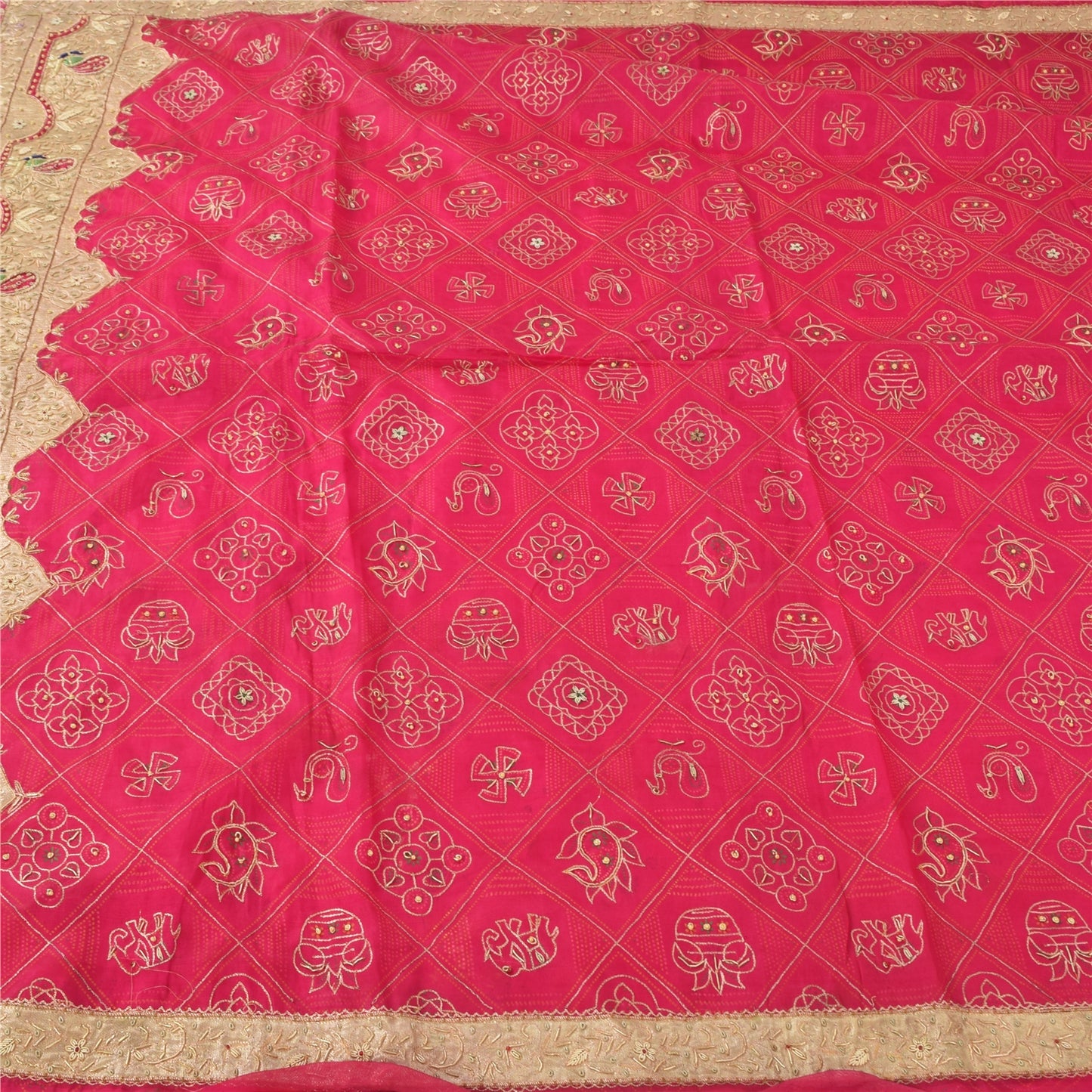 Sanskriti Vintage Saree Pink 100% Pure Silk Hand Bead Gharchola Bandhani 5.5+YD Fabric Cultural Sari Animal Pattern From Gujarat of India