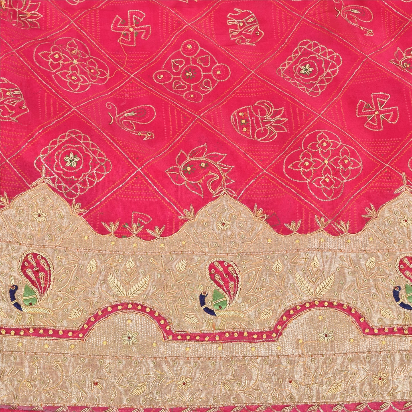 Sanskriti Vintage Saree Pink 100% Pure Silk Hand Bead Gharchola Bandhani 5.5+YD Fabric Cultural Sari Animal Pattern From Gujarat of India