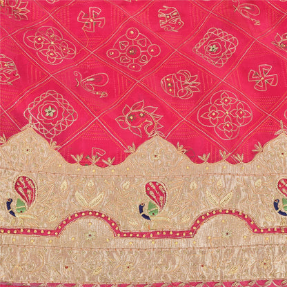 Sanskriti Vintage Saree Pink 100% Pure Silk Hand Bead Gharchola Bandhani 5.5+YD Fabric Cultural Sari Animal Pattern From Gujarat of India