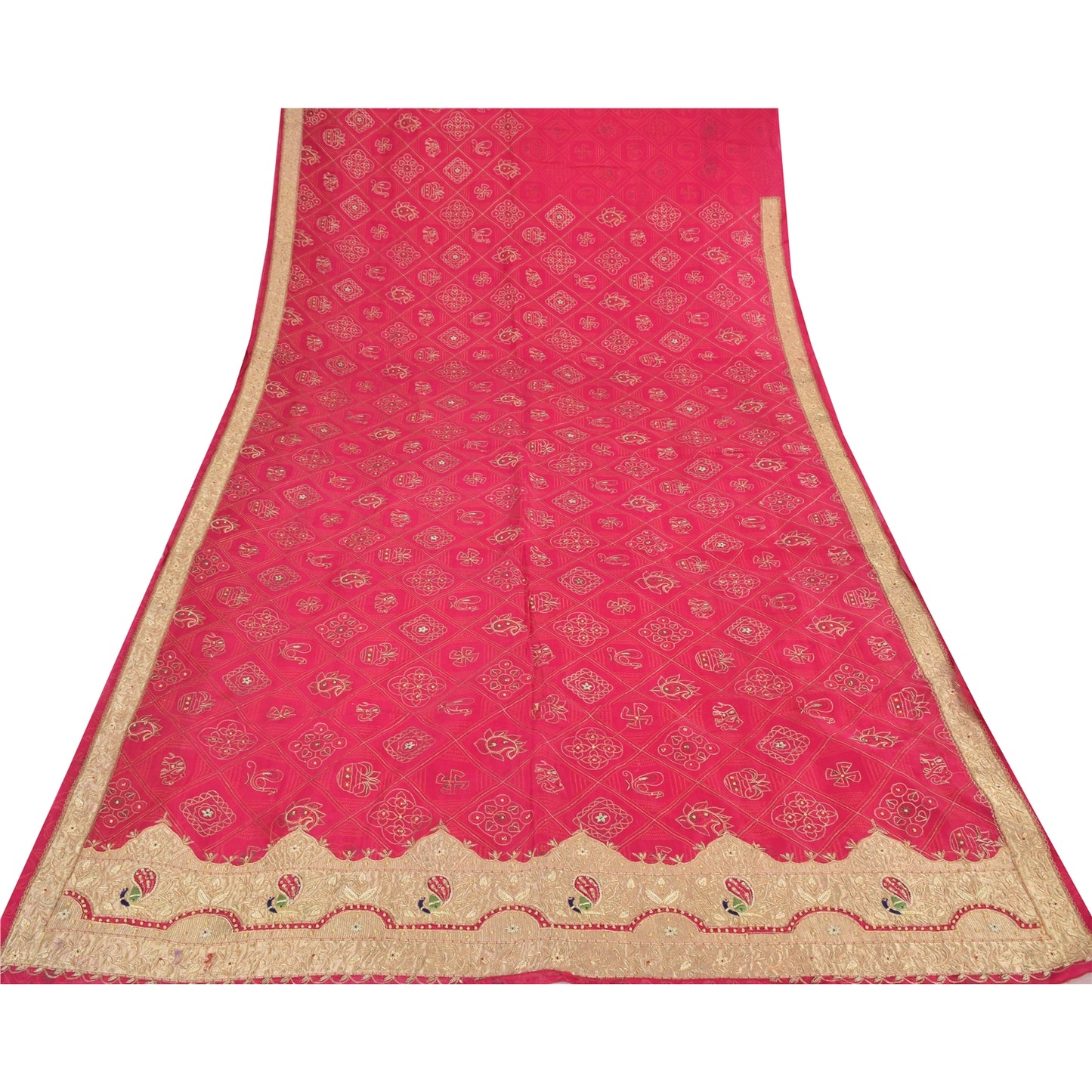 Sanskriti Vintage Pink Sarees Pure Silk Hand Bead Gharchola Bandhani Sari Fabric