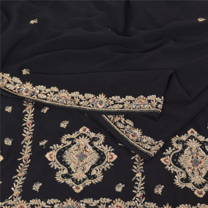 Sanskriti Vintage Black Sarees Georgette Hand Beaded Ethnic Sari 5ydCraft Fabric